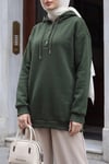 Yakası Çıtçıtlı Kapşonlu Şardonlu Üç İplik Sweat    -Haki