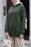 Yakası Çıtçıtlı Kapşonlu Şardonlu Üç İplik Sweat    -Haki
