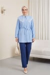 Yakası Dantelli Beli Ve Kolu Bağcıklı Poplin Tunik  -Açık Mavi-Tunik-349-8078-R25