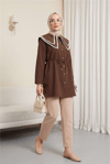 Yakası Dantelli Beli Ve Kolu Bağcıklı Poplin Tunik  -Kahverengi-Tunik-349-8078-R15