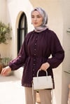 Yakası Fırfırlı Balon Kol Biritli Gofre Gömlek -Mürdüm-Tunik-307-0122-R09