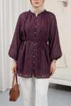 Yakası Fırfırlı Balon Kol Biritli Gofre Gömlek -Mürdüm-Tunik-307-0122-R09