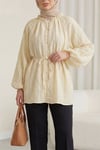Yakası Fırfırlı Balon Kol Biritli Gofre Gömlek -Açık Sarı-Tunik-307-0122-R75