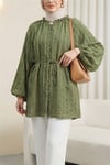 Yakası Fırfırlı Balon Kol Biritli Gofre Gömlek -Haki-Tunik-307-0122-R05