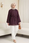 Yakası Fırfırlı Balon Kol Biritli Gofre Gömlek -Mürdüm-Tunik-307-0122-R09