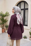 Yakası Fırfırlı Balon Kol Biritli Gofre Gömlek -Mürdüm-Tunik-307-0122-R09