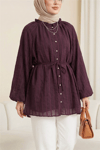 Yakası Fırfırlı Balon Kol Biritli Gofre Gömlek -Mürdüm-Tunik-307-0122-R09