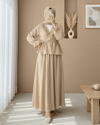 Yakası Fırfırlı Önü Bağlamalı Etekli Kimono Takım  -Açık Vizon-Takım-346-3074-R51