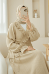 Yakası Fırfırlı Önü Bağlamalı Etekli Kimono Takım  -Açık Vizon-Takım-346-3074-R51