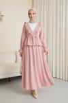Yakası Fırfırlı Önü Bağlamalı Etekli Kimono Takım   -Pembe