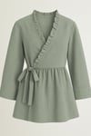 Yakası Fırfırlı Yandan Bağlamalı Keten Kimono  -Mint-Trençkot-307-2151-R24