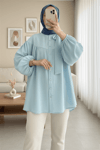 Yakası Fiyonk Detaylı Kolu Lastikli Düğmeli Keten Tunik -Bebe Mavi-Tunik-307-2327-R32
