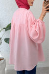 Yakası Fiyonk Detaylı Kolu Lastikli Düğmeli Keten Tunik -Pembe-Tunik-307-2327-R20