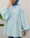 Yakası Fiyonk Detaylı Kolu Lastikli Düğmeli Keten Tunik -Bebe Mavi-Tunik-307-2327-R32