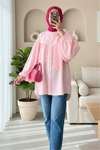 Yakası Fiyonk Detaylı Kolu Lastikli Düğmeli Keten Tunik -Pembe-Tunik-307-2327-R20