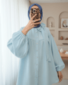 Yakası Fiyonk Detaylı Kolu Lastikli Düğmeli Keten Tunik -Bebe Mavi-Tunik-307-2327-R32