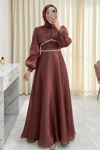 Yakası Fiyonklu Beli Taş Detaylı Balon Kol Abiye -G.Kurusu-Abiye-316-4778-R27