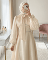 Yakası Fiyonklu Beli Taş Detaylı Balon Kol Abiye -Bej-Abiye-316-4778-R56