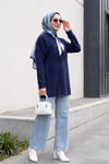 Yakası Fular Detaylı Yumoş Triko Tunik -Lacivert