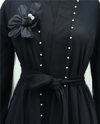 Yakası Gül Detaylı İncili Eteği Şeritli  İkili Abaya  Takım  -Siyah-Abaya-407-3529-R01