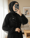 Yakası Gül Detaylı İncili Eteği Şeritli  İkili Abaya  Takım  -Siyah-Abaya-407-3529-R01