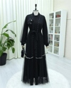 Yakası Gül Detaylı İncili Eteği Şeritli  İkili Abaya  Takım  -Siyah-Abaya-407-3529-R01