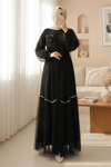 Yakası Gül Detaylı İncili Eteği Şeritli  İkili Abaya  Takım  -Siyah-Abaya-407-3529-R01