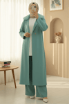 Yakası Kürklü Çift Düğmeli Uzun Triko Hırka -Mint-Hırka-295-2407-R24