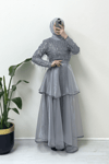 فستان سهرة من التول مزين بالترتر مع ياقة مطاطية وحزام - رمادي-Tül Abiye-386-1091-R11