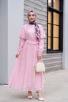 Yakası Pelerin Detaylı Astarlı Kemerli Tül Modal Elbise -Pembe