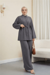 Yakası Taşlı Belden Bağlamalı Pantolonlu Takım -Füme-Takım-414-5524-R18