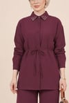 Yakası Taşlı Belden Bağlamalı Pantolonlu Takım -Bordo-Takım-414-5524-R04