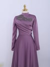 Yakası Taşlı Önü Drapeli  Abiye -Lila-Saten Abiye-337-6703-R42