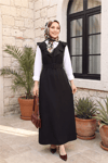 Yakası V Kemerli Uzun Jile Elbise    -Siyah-Jile Elbise-111-60811-R01
