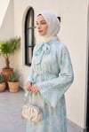 Yakası ve beli bağlamalı desenli astarlı şifon elbise -Su Yeşili