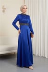 فستان سهرة من الساتان مع تفاصيل حجرية على الياقة والخصر - ساكس-Saten Abiye-111-61342-R10