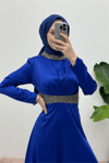فستان سهرة من الساتان مع تفاصيل حجرية على الياقة والخصر - ساكس-Saten Abiye-111-61342-R10
