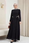 Yakası Ve Beli Taşlı Yanları Tül  Detaylı  Astarlı Krep Elbise -Siyah-Elbise-316-4868-R01