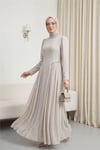 Yakası Ve Beli Taşlı Yanları Tül  Detaylı  Astarlı Krep Elbise   -Taş rengi-Elbise-316-4868-R43