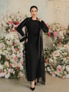 عباية مزدوجة مزينة باللؤلؤ على الياقة والأكمام ورباط على الخصر - أسود-Abaya-118-3010-R01