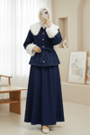 Yakası Ve Kolları Kürklü Beli Kuşaklı Bebe Yaka Kot Takım -Laci-Takım-197-4087-R03