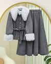 Yakası Ve Kolları Kürklü Beli Kuşaklı Bebe Yaka Kot Takım -Füme-Takım-197-4087-R18