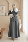 Yakası Ve Kolları Kürklü Beli Kuşaklı Bebe Yaka Kot Takım -Füme-Takım-197-4087-R18