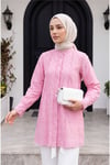 Yakası Ve Kolu Dantelli Top Düğmeli Astarlı Gömlek  -Pembe-Tunik-144-2001-R20