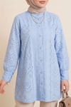 Yakası Ve Kolu Dantelli Top Düğmeli Astarlı Gömlek  -Mavi-Tunik-144-2001-R31