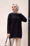 Yakası Ve Kolu İncili Sakallı Salaş Triko Tunik -Siyah