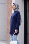 Yakası Ve Kolu İncili Sakallı Salaş Triko Tunik -Lacivert