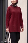 Yakası Ve Kolu İncili Sakallı Salaş Triko Tunik -Bordo