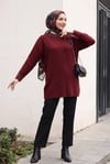 Yakası Ve Kolu İncili Sakallı Salaş Triko Tunik -Bordo