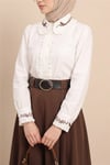 Yakası Ve Kolu Kuş Nakışlı Önü Fırfırlı Poplin Gömlek -Beyaz-Gömlek-364-6191-R02